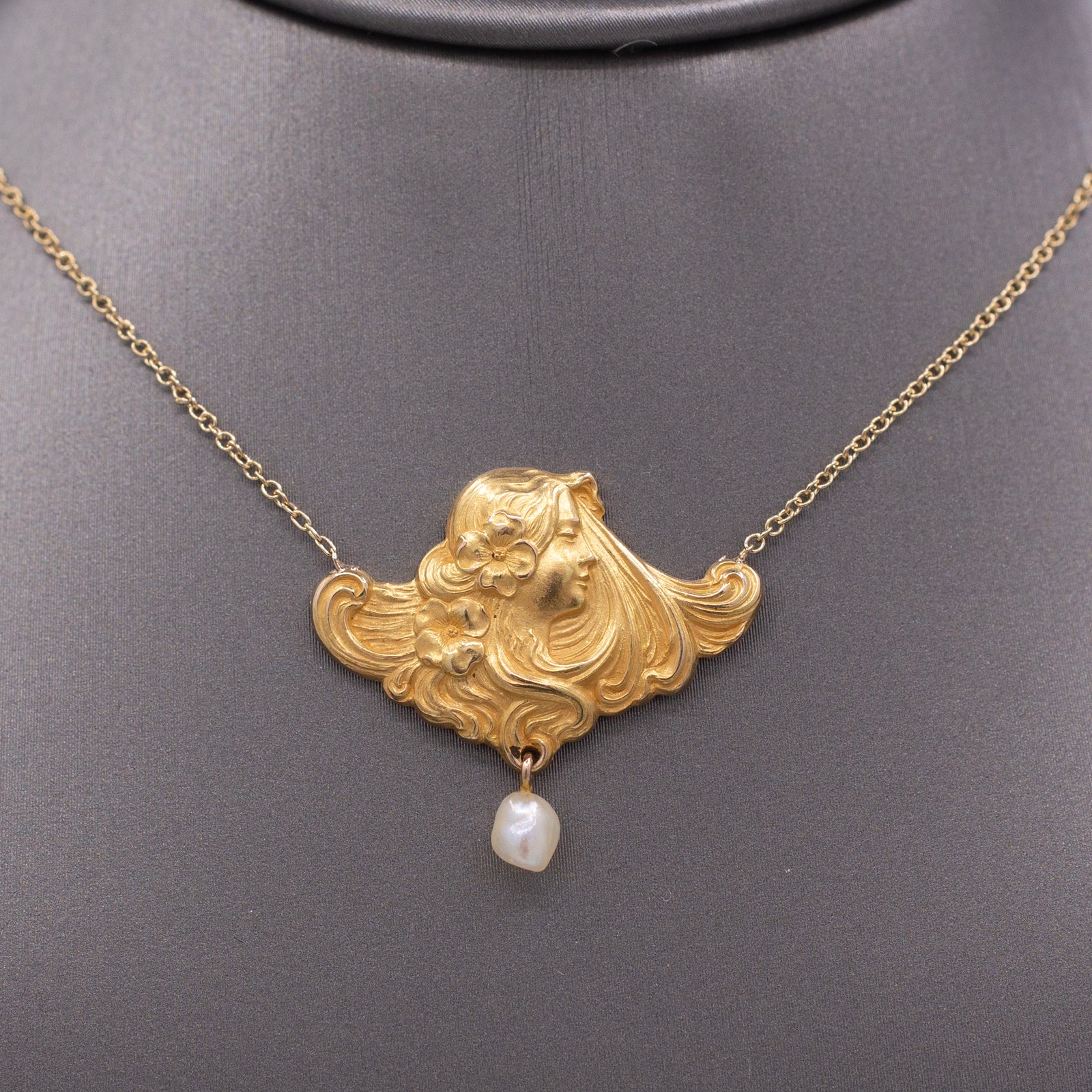 Gorgeous Art Nouveau Woman's Profile Necklace with Pearl Drop in 14k Yellow Gold