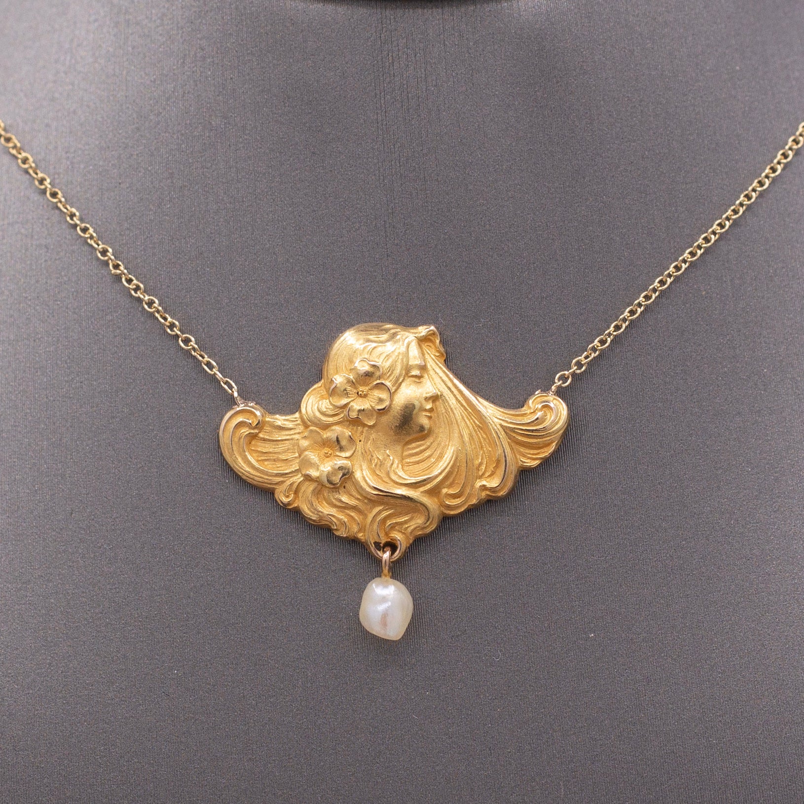 Gorgeous Art Nouveau Woman's Profile Necklace with Pearl Drop in 14k Yellow Gold