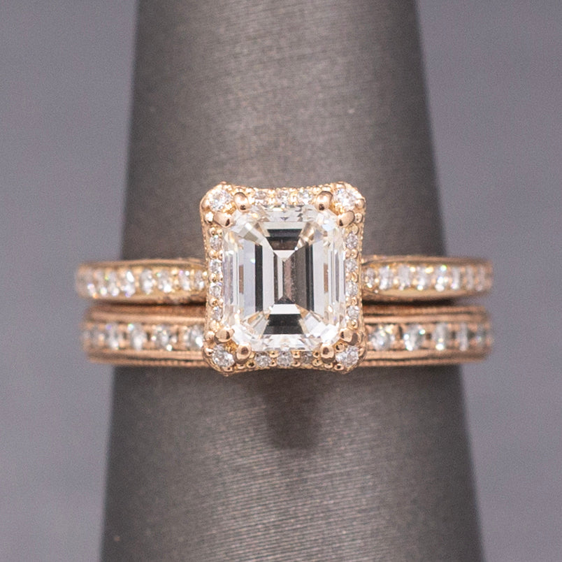 Vintage Tacori Emerald Cut Natural Diamond Engagement Ring in 18k Rose Gold with 14k Diamond Wedding Band