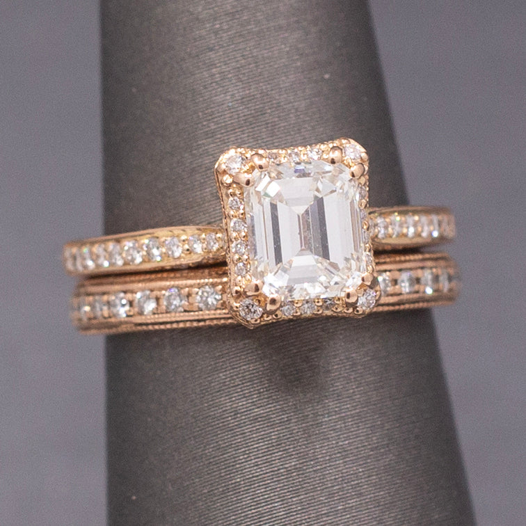 Vintage Tacori Emerald Cut Natural Diamond Engagement Ring in 18k Rose Gold with 14k Diamond Wedding Band