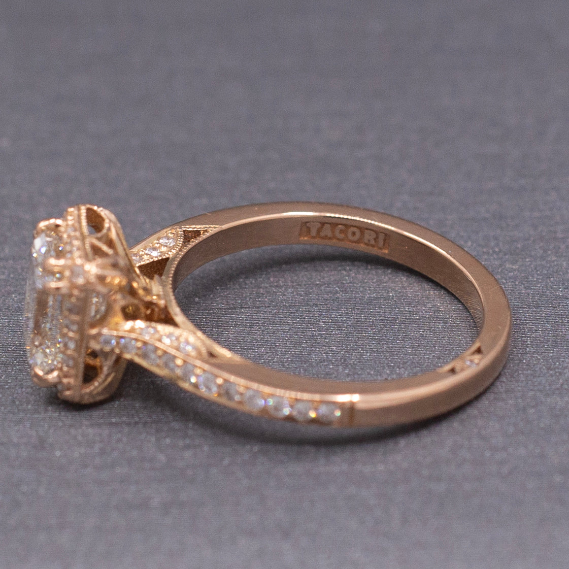 Vintage Tacori Emerald Cut Natural Diamond Engagement Ring in 18k Rose Gold with 14k Diamond Wedding Band