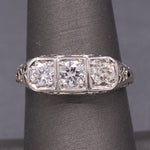 Beautiful Art Deco Old European Cut Diamond Three Stone Ring in 18k White Gold