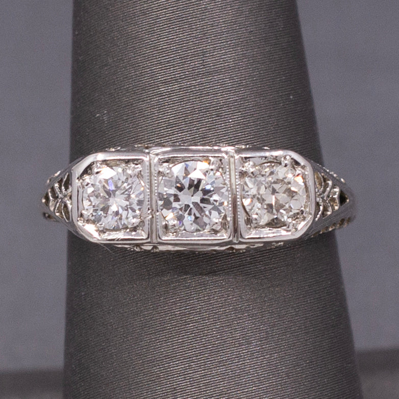 Beautiful Art Deco Old European Cut Diamond Three Stone Ring in 18k White Gold