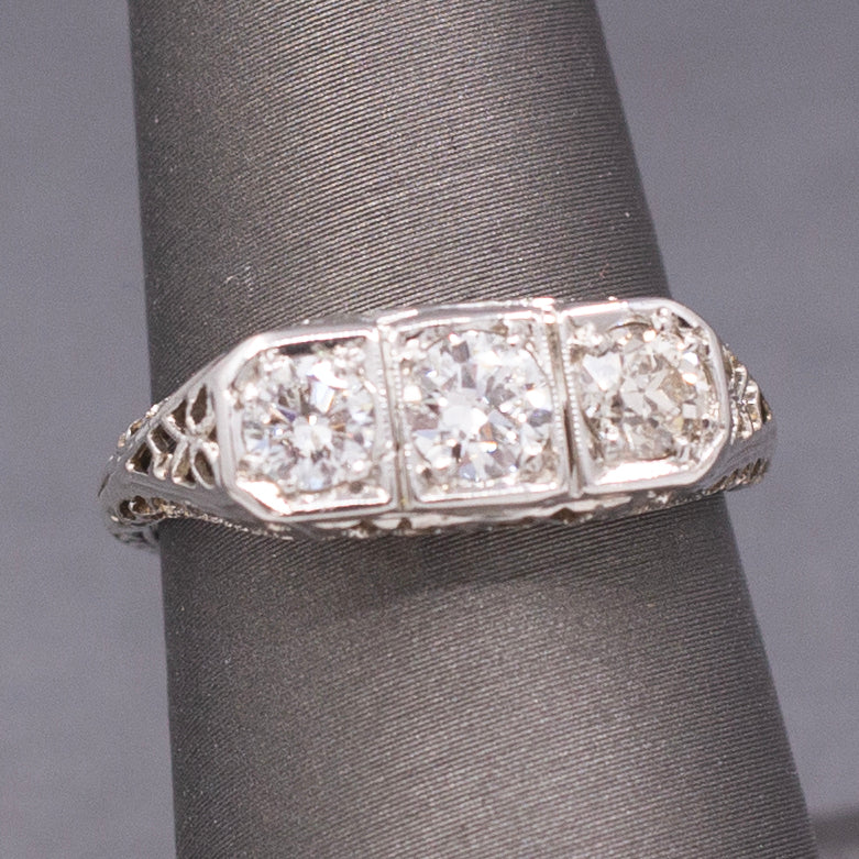 Beautiful Art Deco Old European Cut Diamond Three Stone Ring in 18k White Gold