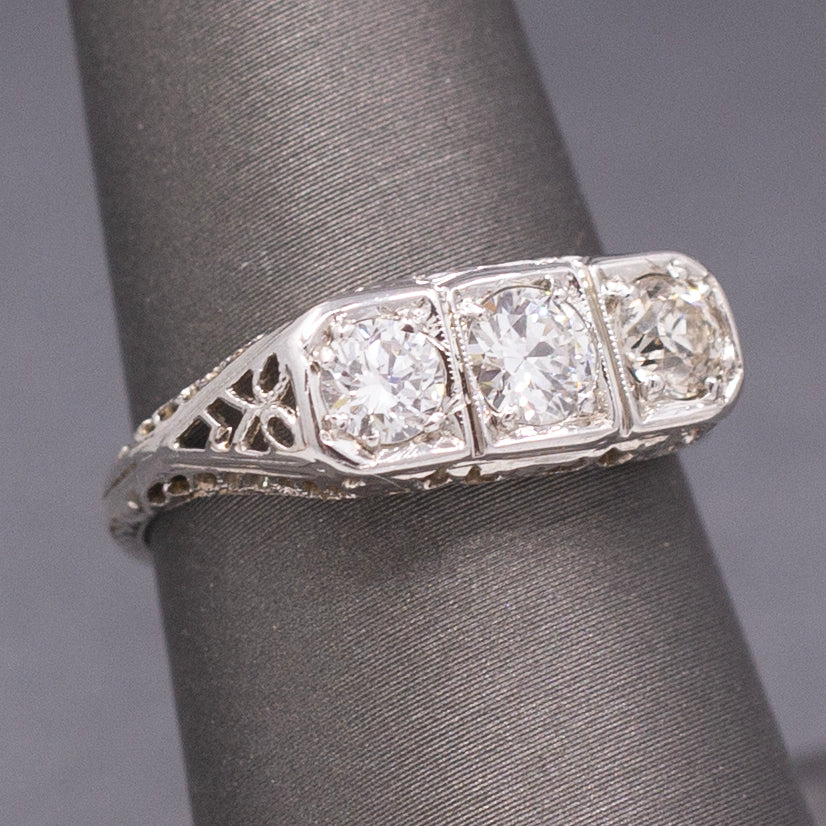 Beautiful Art Deco Old European Cut Diamond Three Stone Ring in 18k White Gold