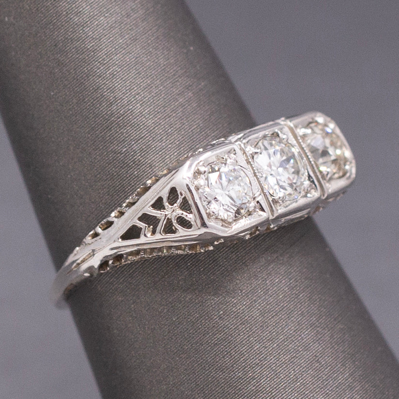 Beautiful Art Deco Old European Cut Diamond Three Stone Ring in 18k White Gold
