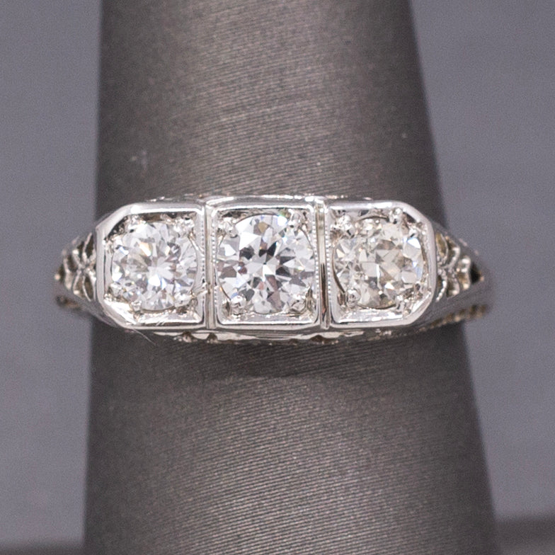 Beautiful Art Deco Old European Cut Diamond Three Stone Ring in 18k White Gold