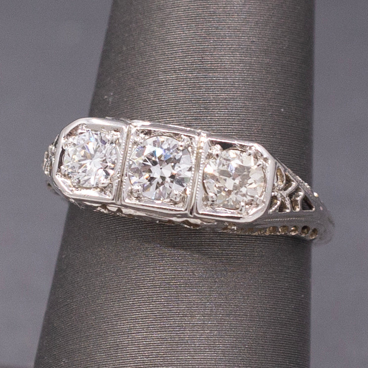 Beautiful Art Deco Old European Cut Diamond Three Stone Ring in 18k White Gold