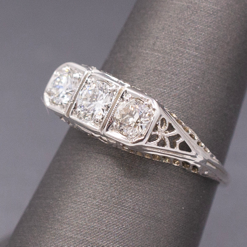 Beautiful Art Deco Old European Cut Diamond Three Stone Ring in 18k White Gold