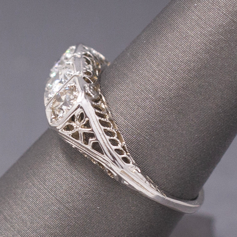 Beautiful Art Deco Old European Cut Diamond Three Stone Ring in 18k White Gold
