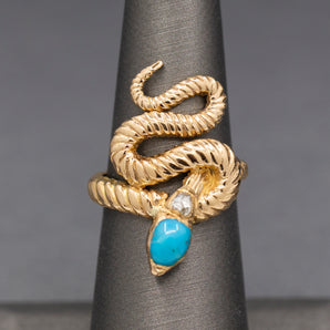 Sexy Snake Ring With Turquoise Head and Rose Cut Diamond Neck in 18k Yellow Gold