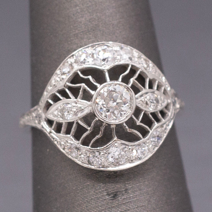 Lacy Domed Art Deco Bezel Set Old European Cut Diamond Ring in Platinum
