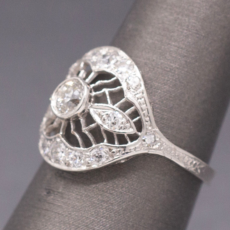 Lacy Domed Art Deco Bezel Set Old European Cut Diamond Ring in Platinum