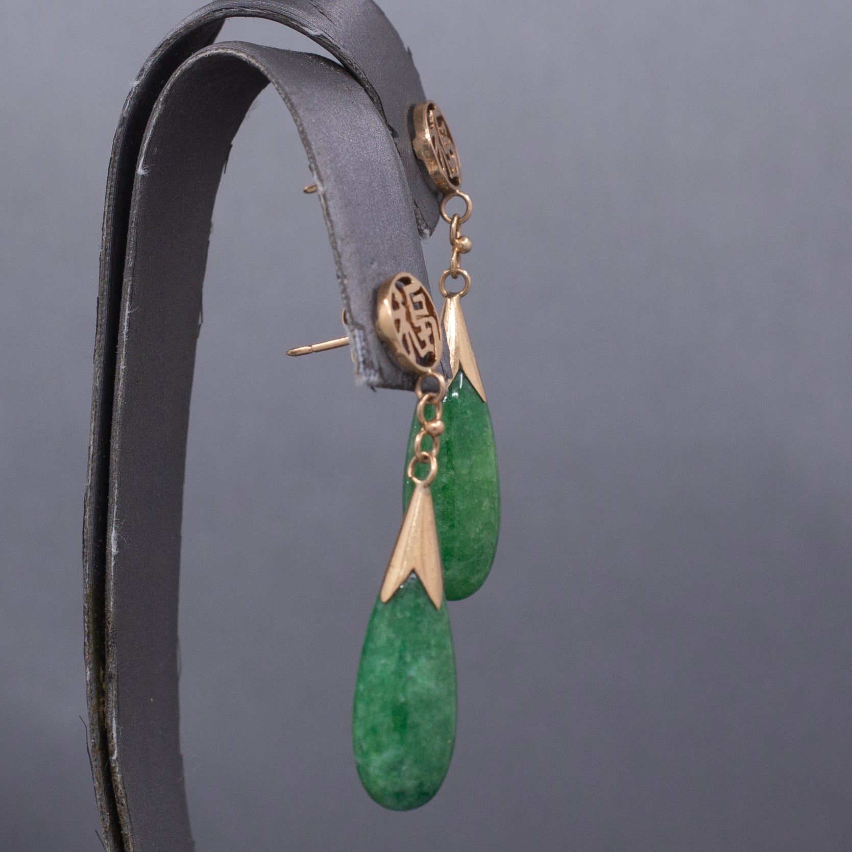 Vintage Apple Green Jadeite Jade Dangle Earrings with Chinese Happiness Character in 14k Yellow Gold