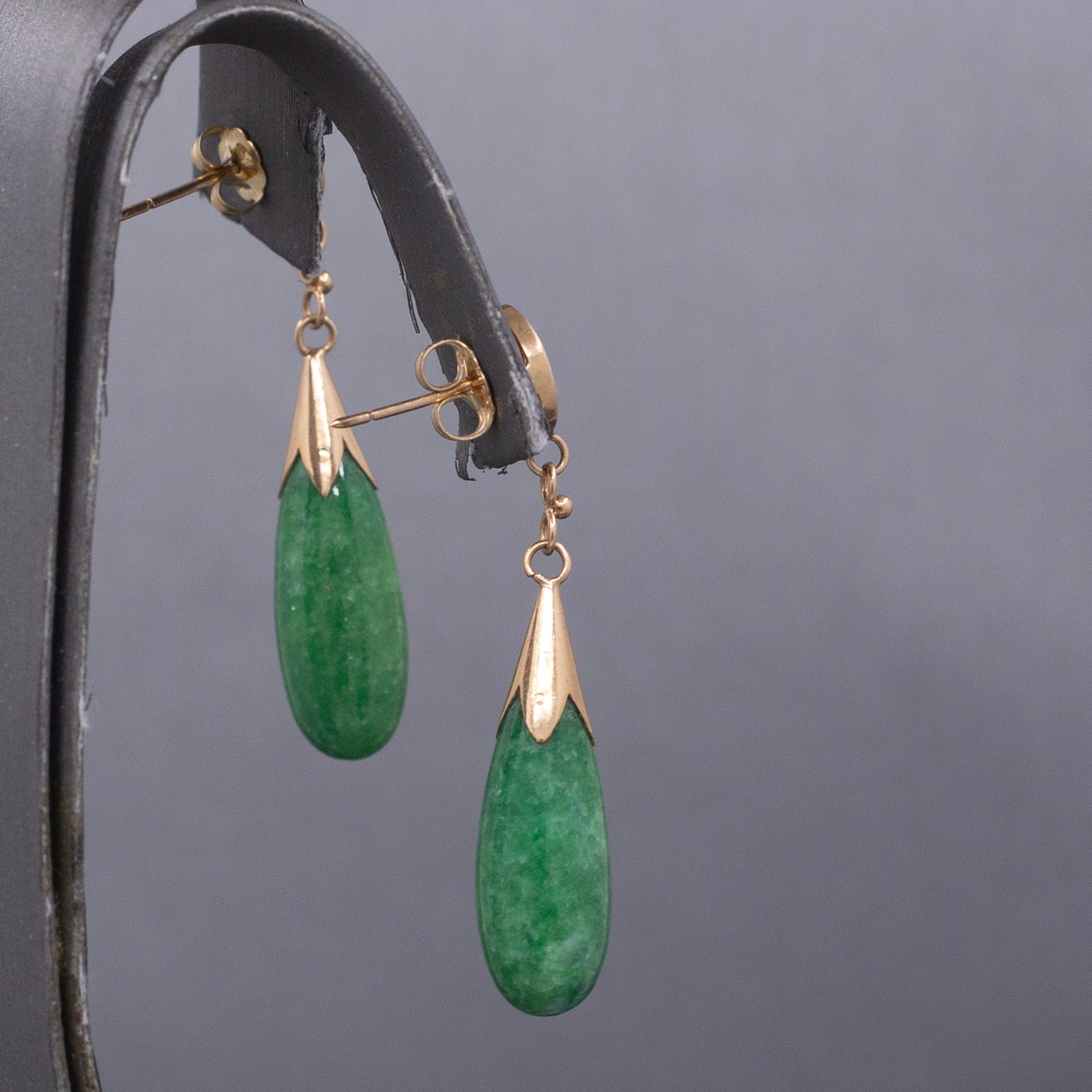 Vintage Apple Green Jadeite Jade Dangle Earrings with Chinese Happiness Character in 14k Yellow Gold