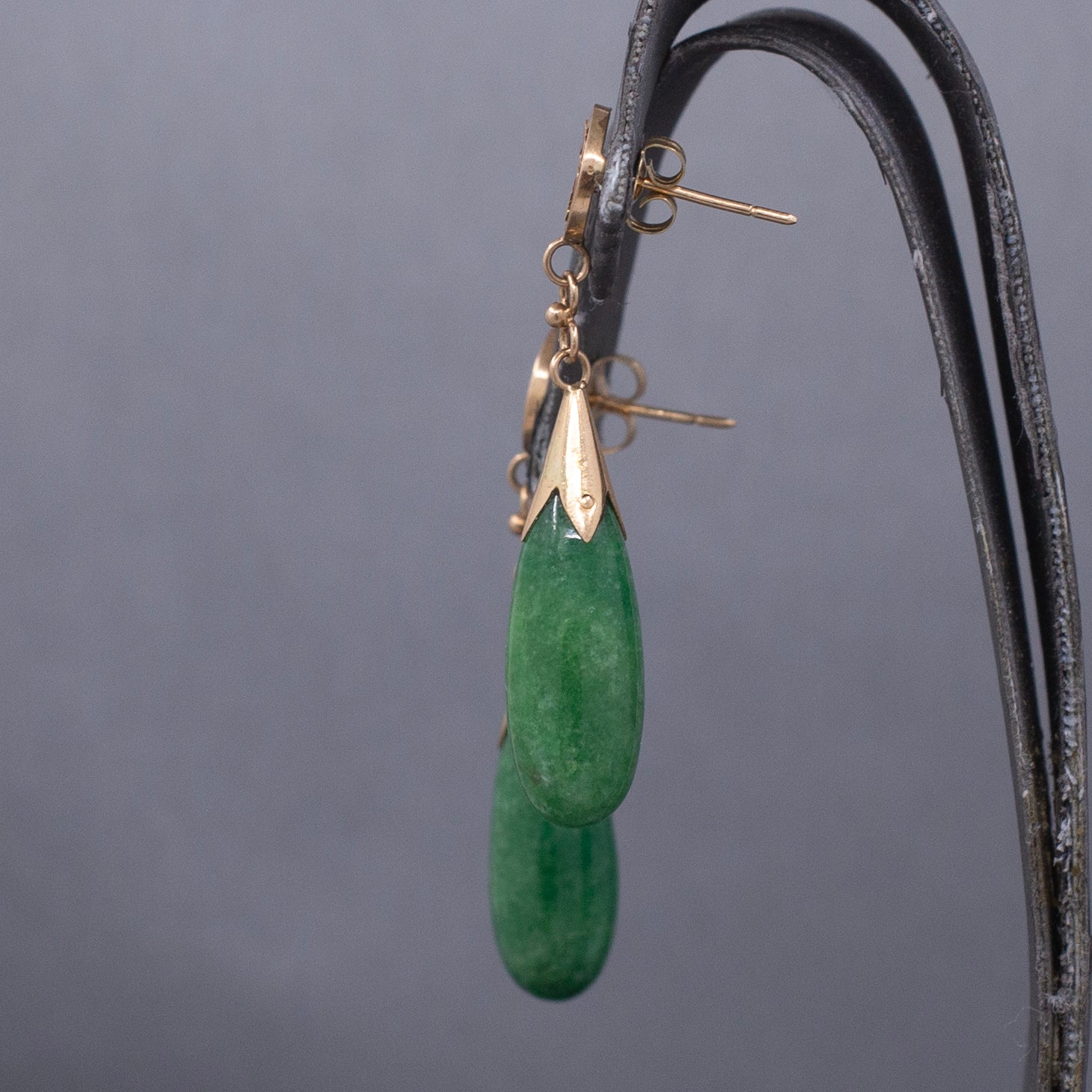 Vintage Apple Green Jadeite Jade Dangle Earrings with Chinese Happiness Character in 14k Yellow Gold