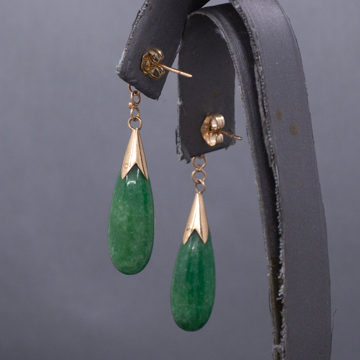 Vintage Apple Green Jadeite Jade Dangle Earrings with Chinese Happiness Character in 14k Yellow Gold