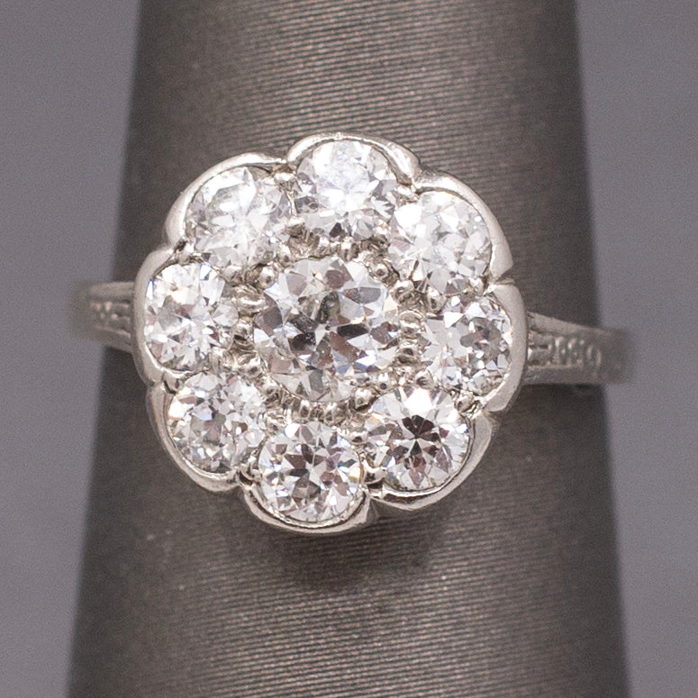 Art Deco Daisy Cluster Old European Cut Diamond Ring in Platinum