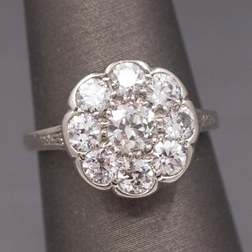 Art Deco Daisy Cluster Old European Cut Diamond Ring in Platinum
