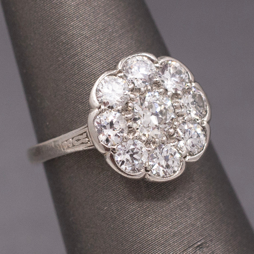 Art Deco Daisy Cluster Old European Cut Diamond Ring in Platinum