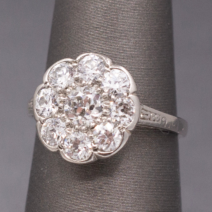 Art Deco Daisy Cluster Old European Cut Diamond Ring in Platinum