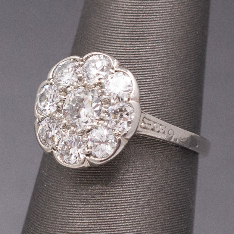 Art Deco Daisy Cluster Old European Cut Diamond Ring in Platinum