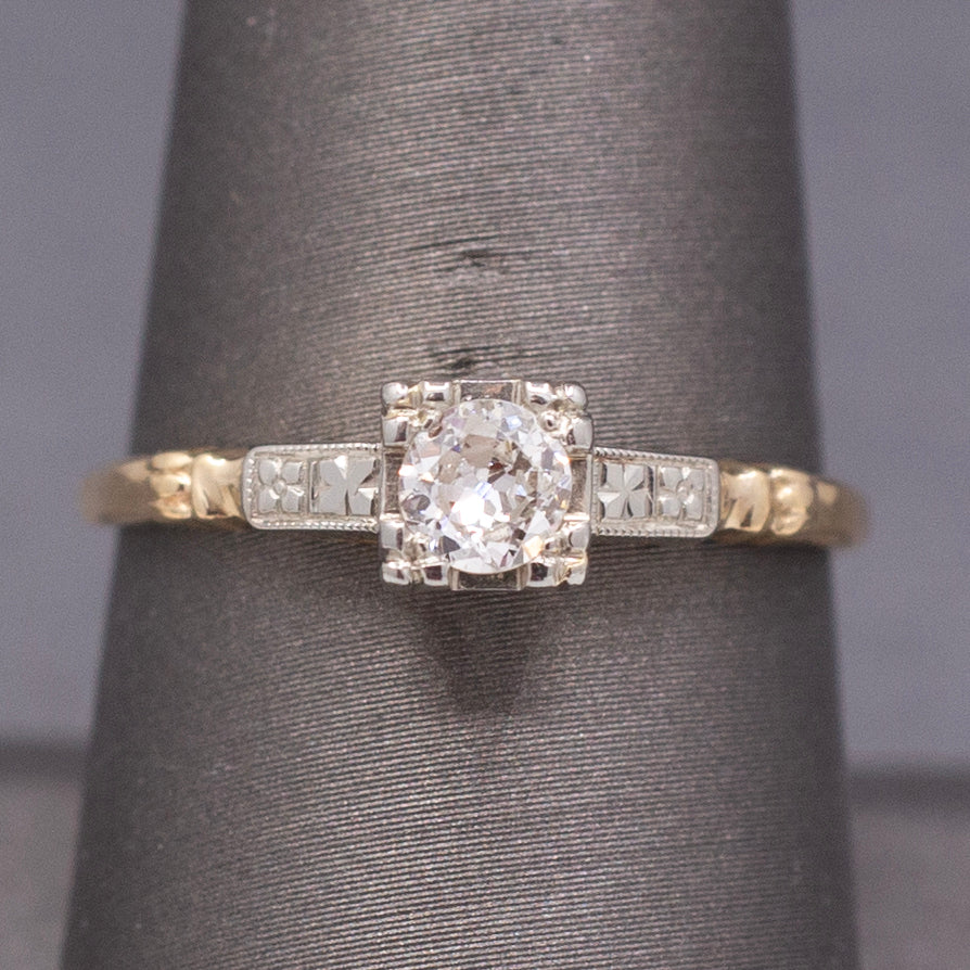 Petite Late Art Deco Old European Cut Diamond Two Tone Solitaire Ring in 14k