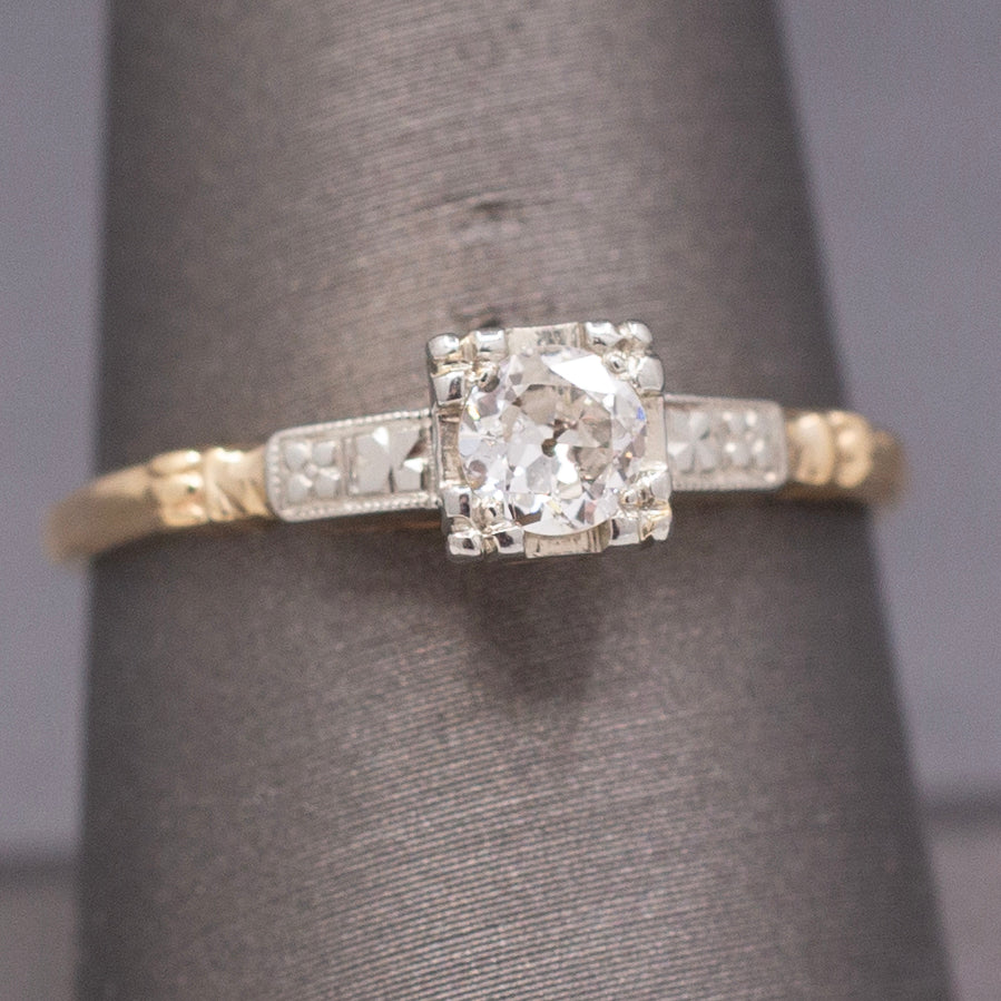 Petite Late Art Deco Old European Cut Diamond Two Tone Solitaire Ring in 14k