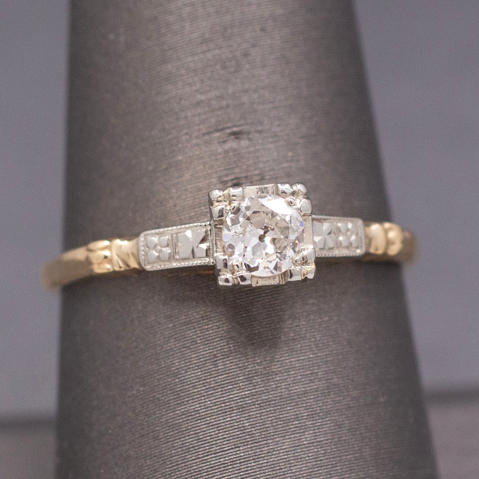 Petite Late Art Deco Old European Cut Diamond Two Tone Solitaire Ring in 14k
