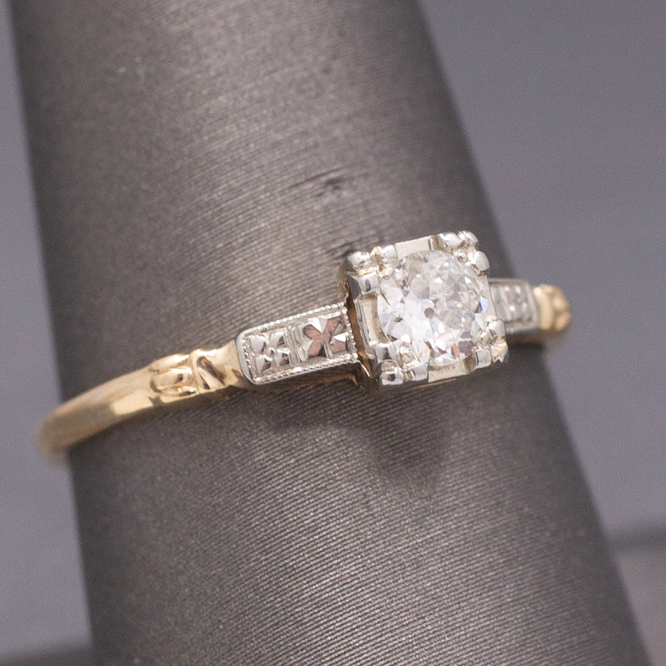 Petite Late Art Deco Old European Cut Diamond Two Tone Solitaire Ring in 14k