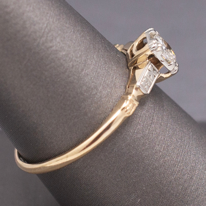 Petite Late Art Deco Old European Cut Diamond Two Tone Solitaire Ring in 14k