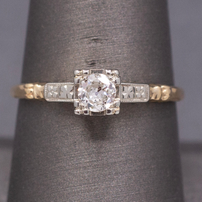 Petite Late Art Deco Old European Cut Diamond Two Tone Solitaire Ring in 14k