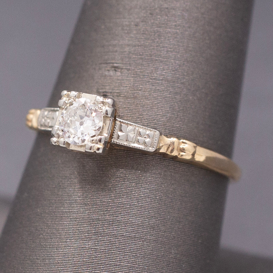 Petite Late Art Deco Old European Cut Diamond Two Tone Solitaire Ring in 14k