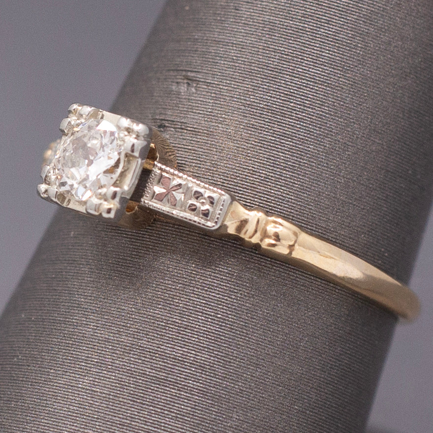Petite Late Art Deco Old European Cut Diamond Two Tone Solitaire Ring in 14k
