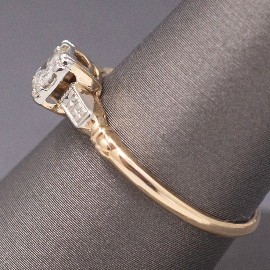 Petite Late Art Deco Old European Cut Diamond Two Tone Solitaire Ring in 14k