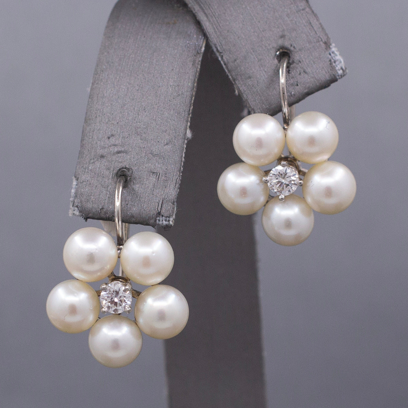 Vintage Diamond and Pearl Flower Drop Lever Back Earrings in 14k White Gold
