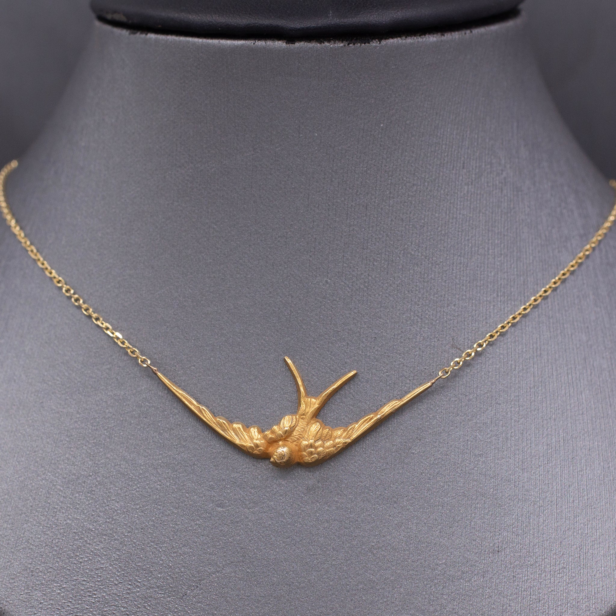 Antique Victorian Swallow Bird Necklace in 14k Yellow Gold