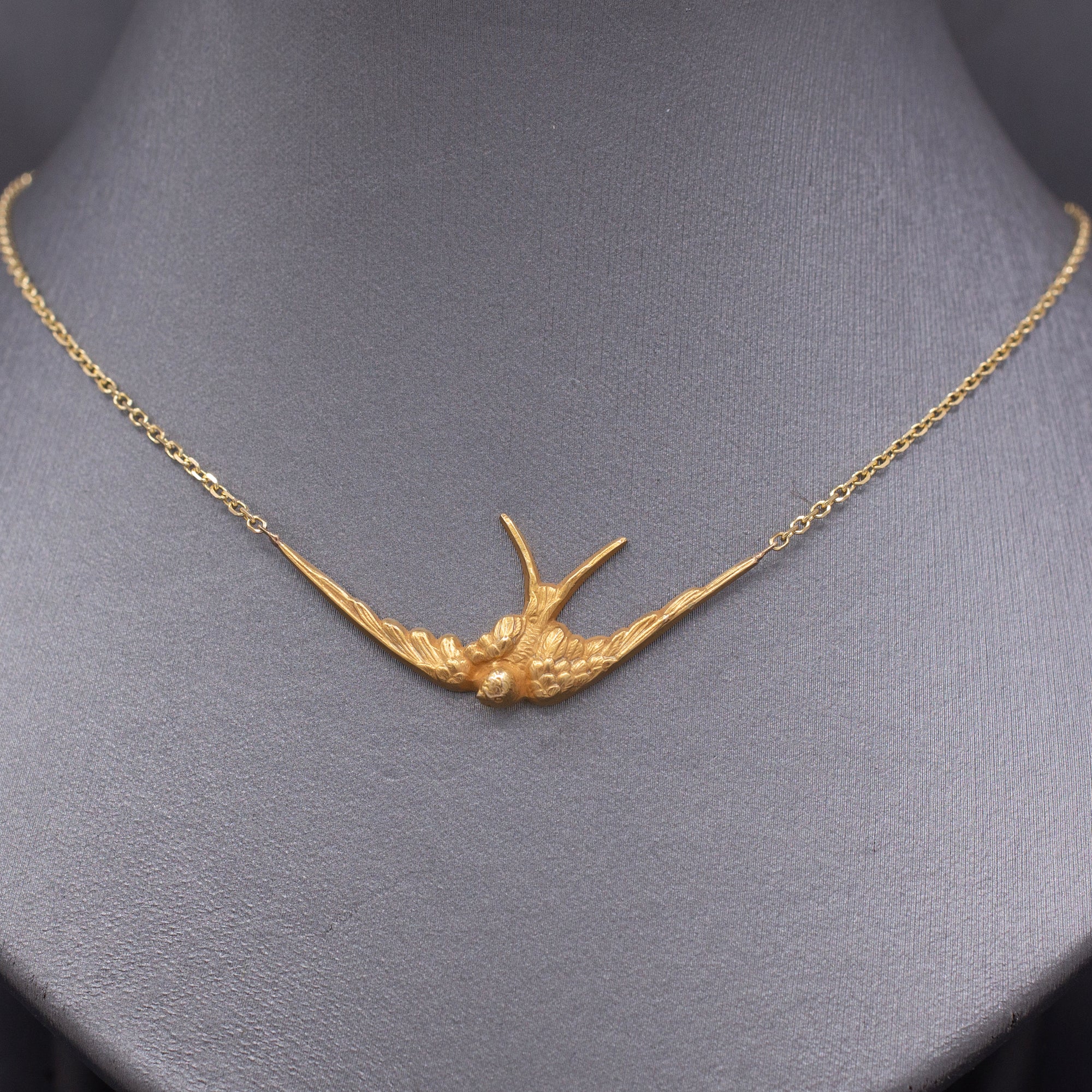 Antique Victorian Swallow Bird Necklace in 14k Yellow Gold