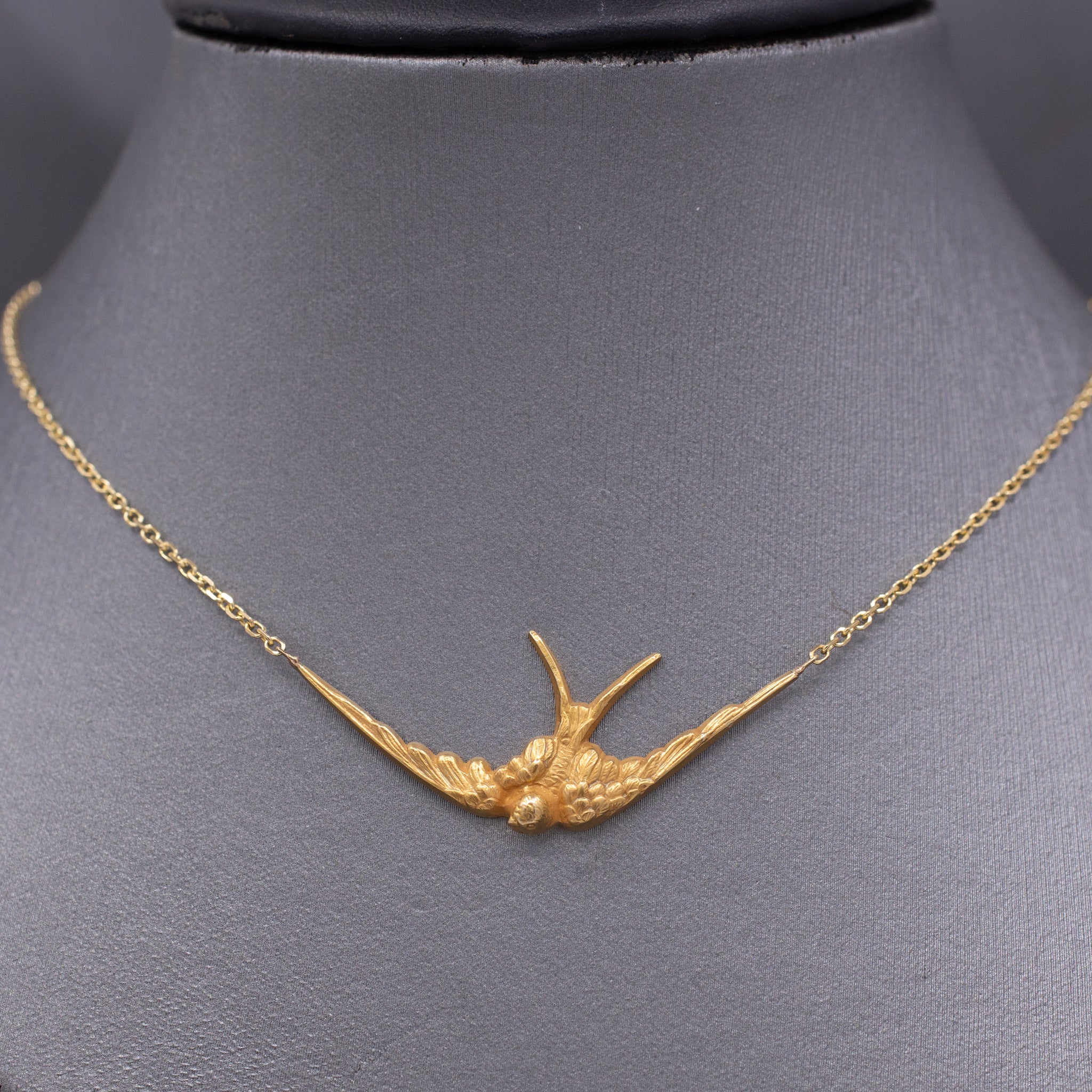 Antique Victorian Swallow Bird Necklace in 14k Yellow Gold