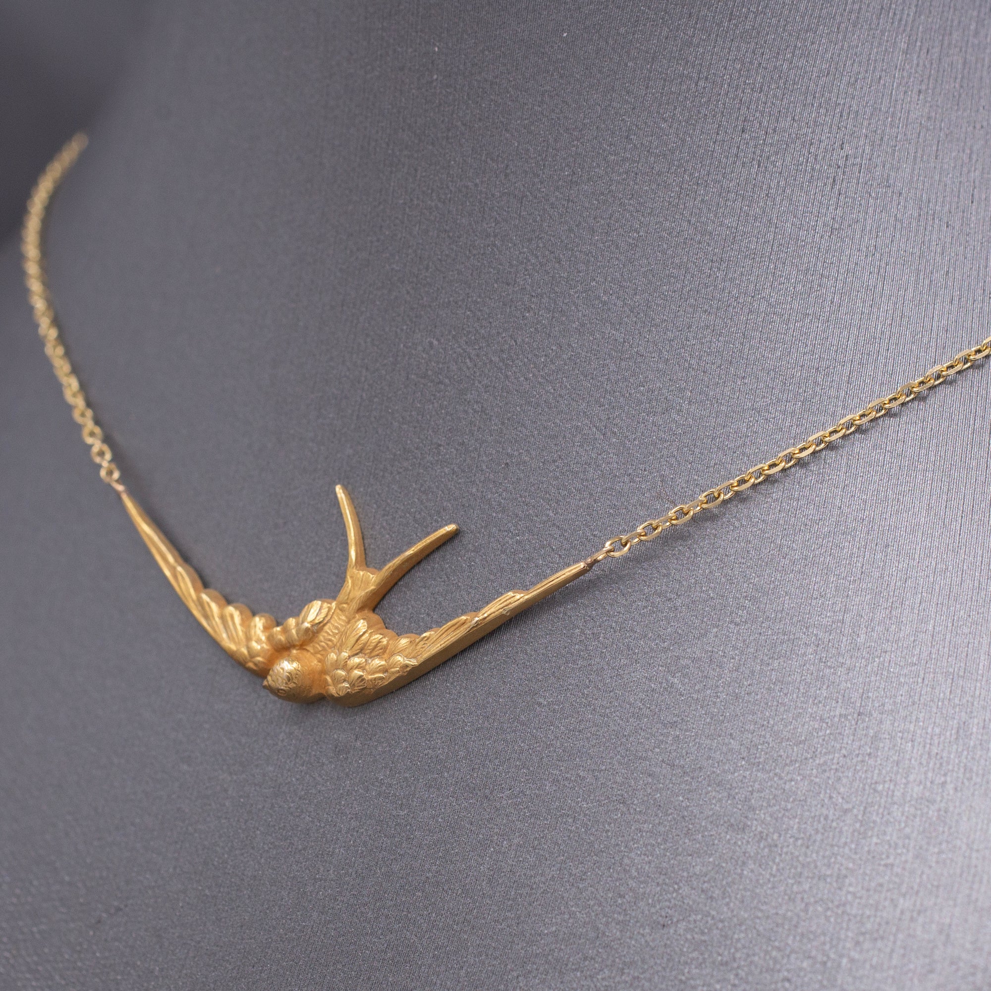 Antique Victorian Swallow Bird Necklace in 14k Yellow Gold