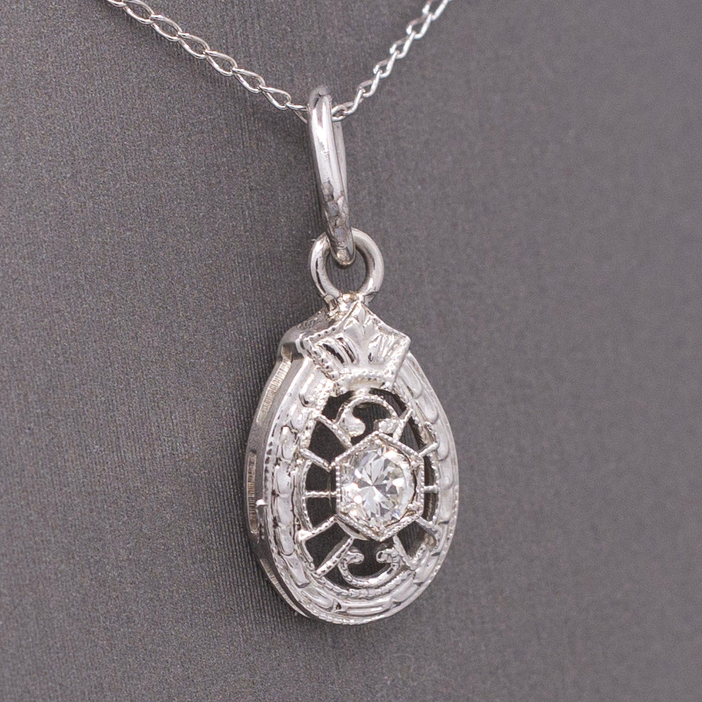 Art Deco Teardrop Old European Cut Diamond Hat Pin Conversion Pendant in 14k White Gold