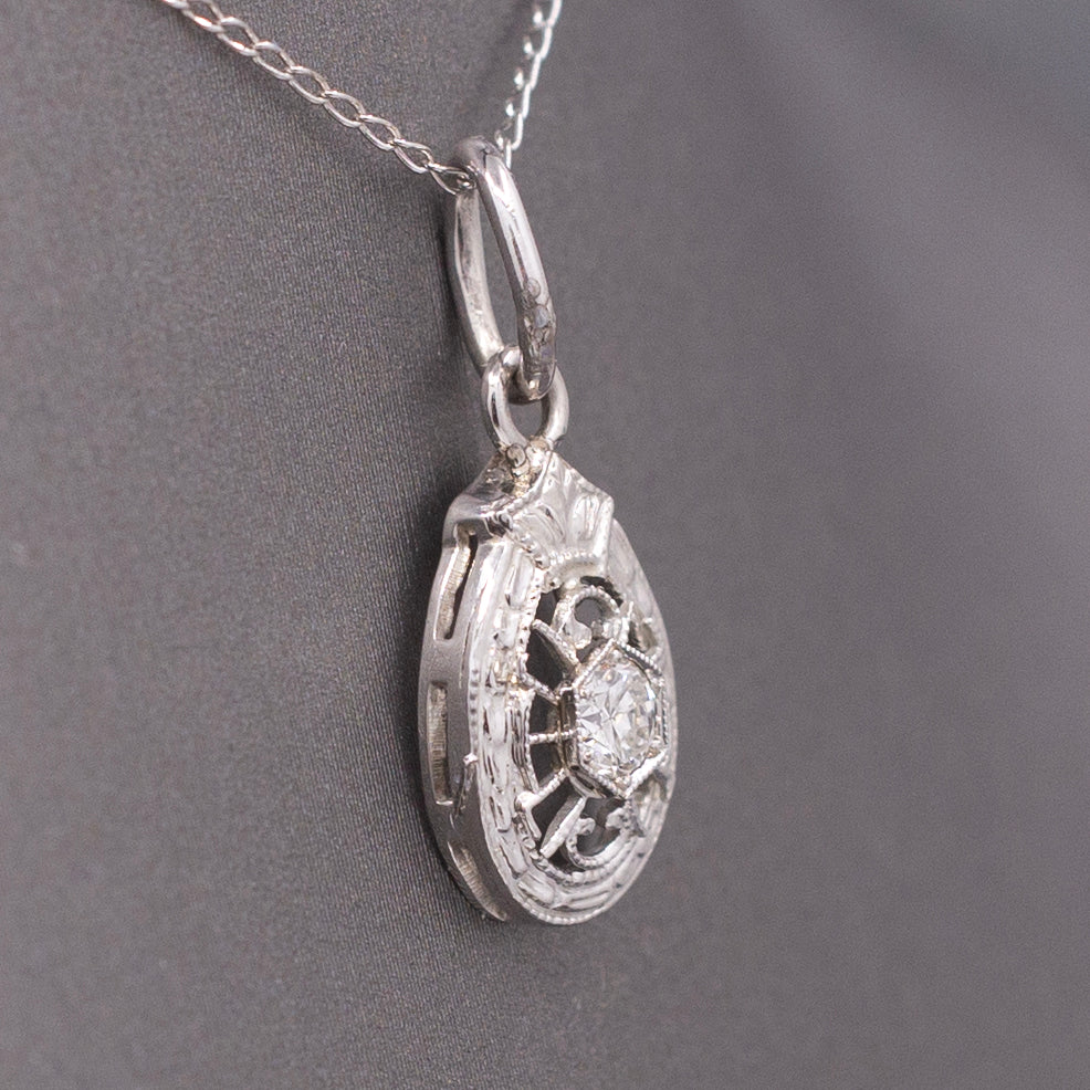 Art Deco Teardrop Old European Cut Diamond Hat Pin Conversion Pendant in 14k White Gold