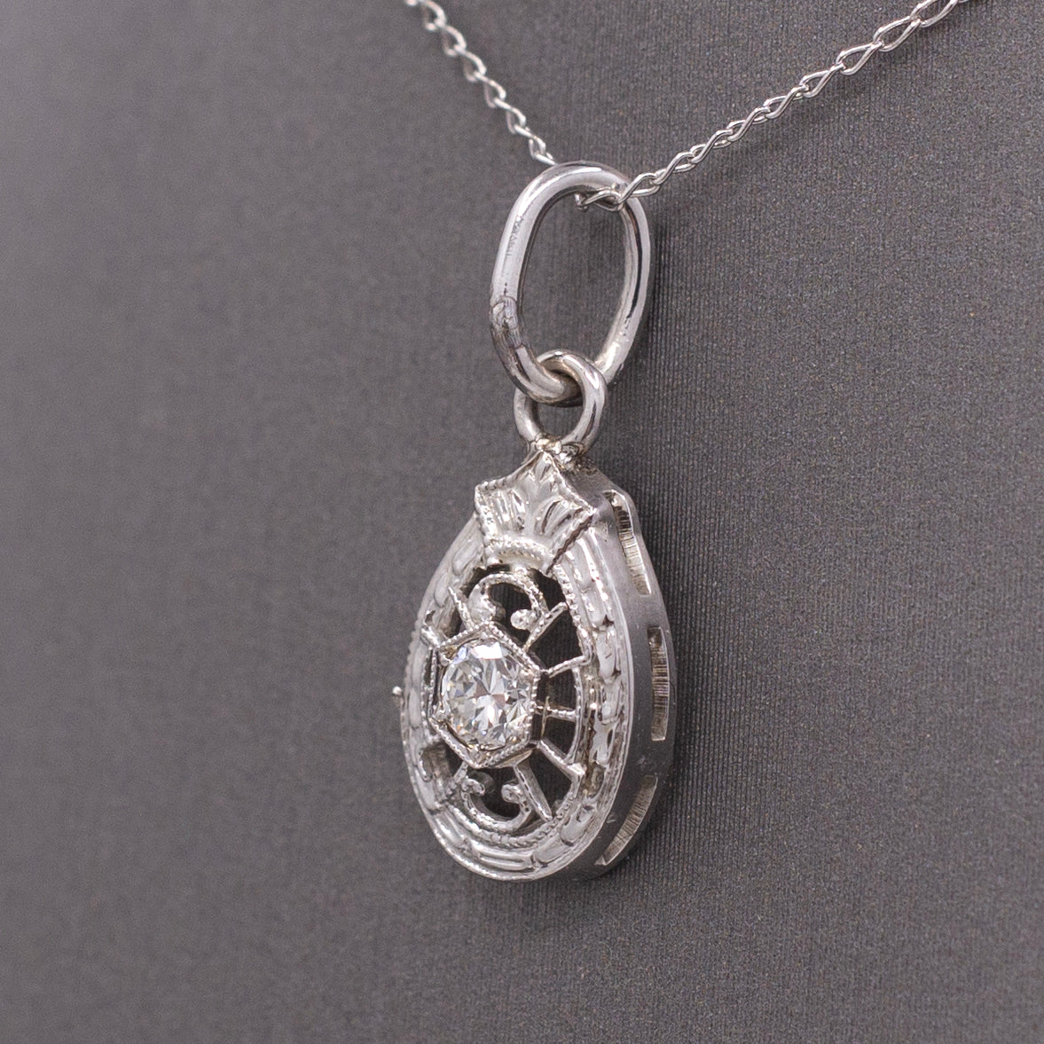 Art Deco Teardrop Old European Cut Diamond Hat Pin Conversion Pendant in 14k White Gold