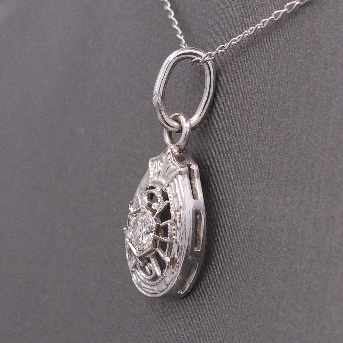 Art Deco Teardrop Old European Cut Diamond Hat Pin Conversion Pendant in 14k White Gold