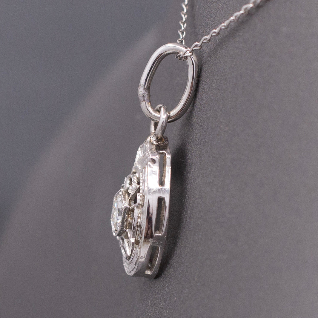 Art Deco Teardrop Old European Cut Diamond Hat Pin Conversion Pendant in 14k White Gold