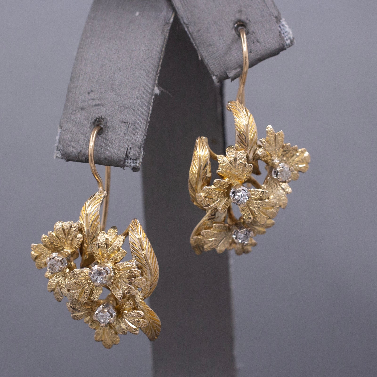 Handcrafted Mid-Century Diamond Leaf Cluster Earrings in 14k Yellow Gold