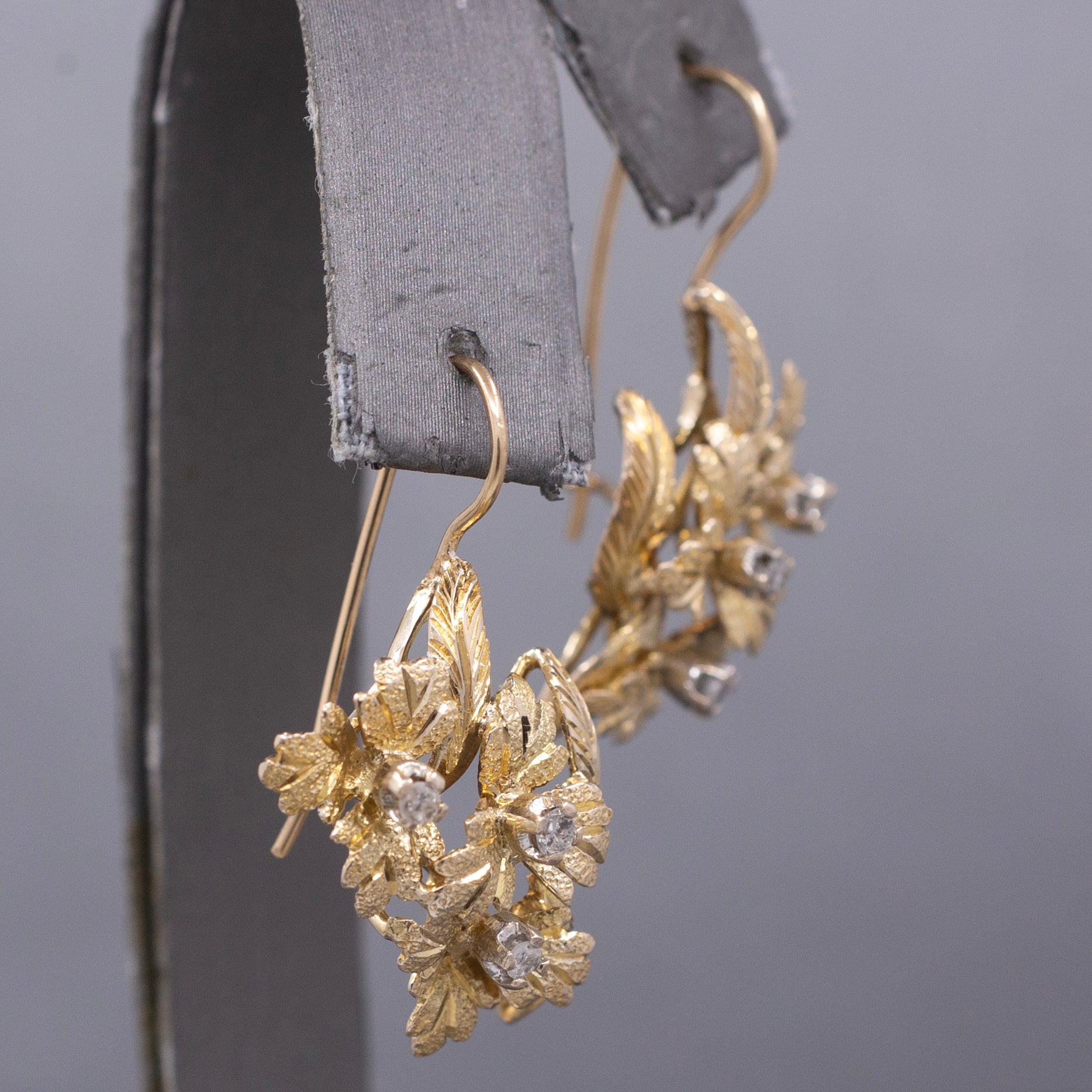 Handcrafted Mid-Century Diamond Leaf Cluster Earrings in 14k Yellow Gold