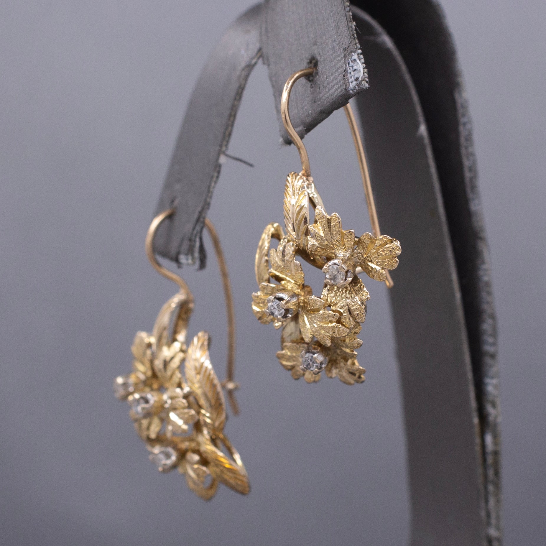 Handcrafted Mid-Century Diamond Leaf Cluster Earrings in 14k Yellow Gold