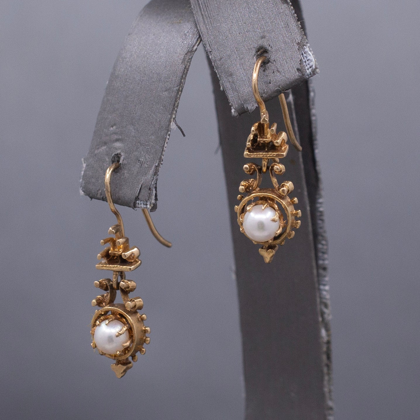 Antique Victorian Pearl Drop Earrings in 14k Yellow Gold