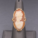 Vintage Large Shell Cameo Woman's Silhouette Statement Ring in 14k Yellow Gold